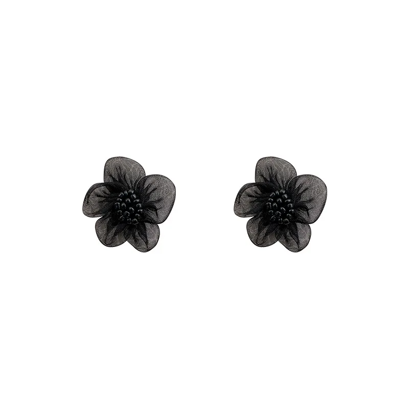 Black Flower with Mini Beads Centers Stud Earrings for Women Party Fashion Korean Mesh Flower Earrings Girls Gift Jewelry