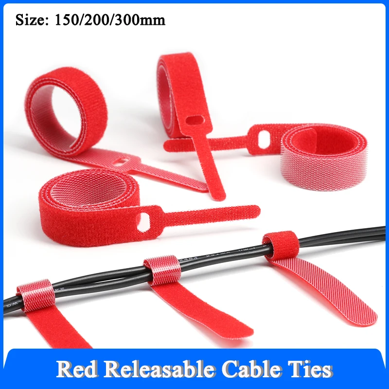 Red Releasable Cable Ties Wire Organizer 150 200 300mm Nylon Hook Loop Straps Wrap Zip Bundle Bandage Tie Plastics Fastening