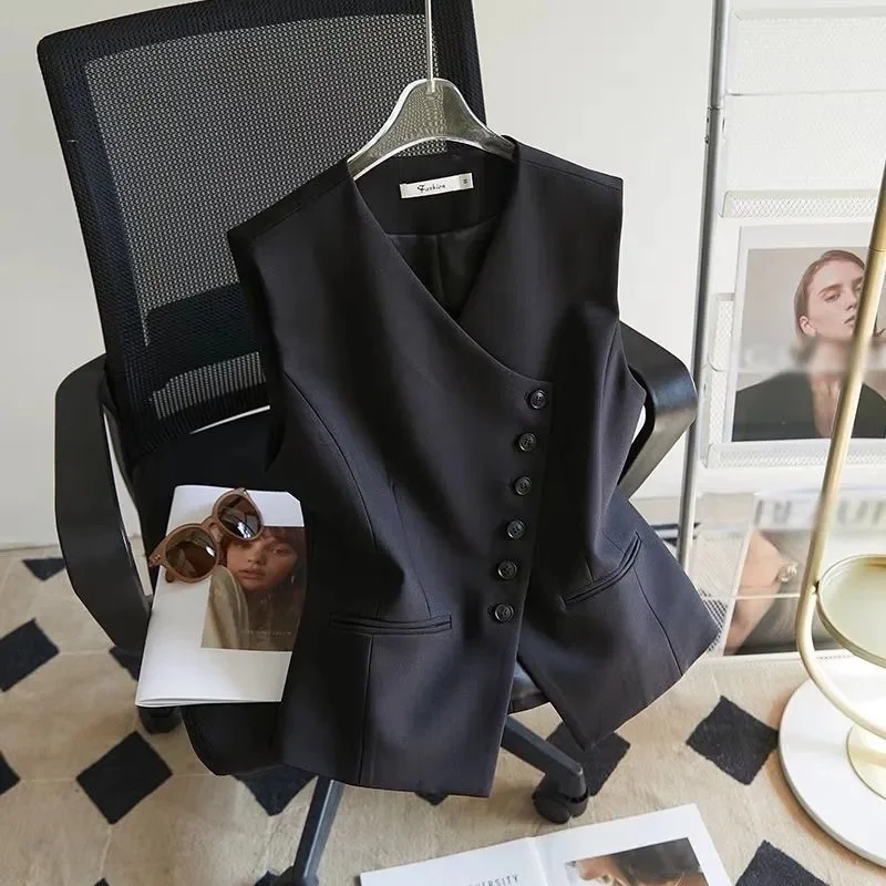 

Vest Women V-neck Slim Asymmetrical Blazer Vest Coat Female Short Sleeveless Vest Coat Single Breasted Spring Outerwear JJ520