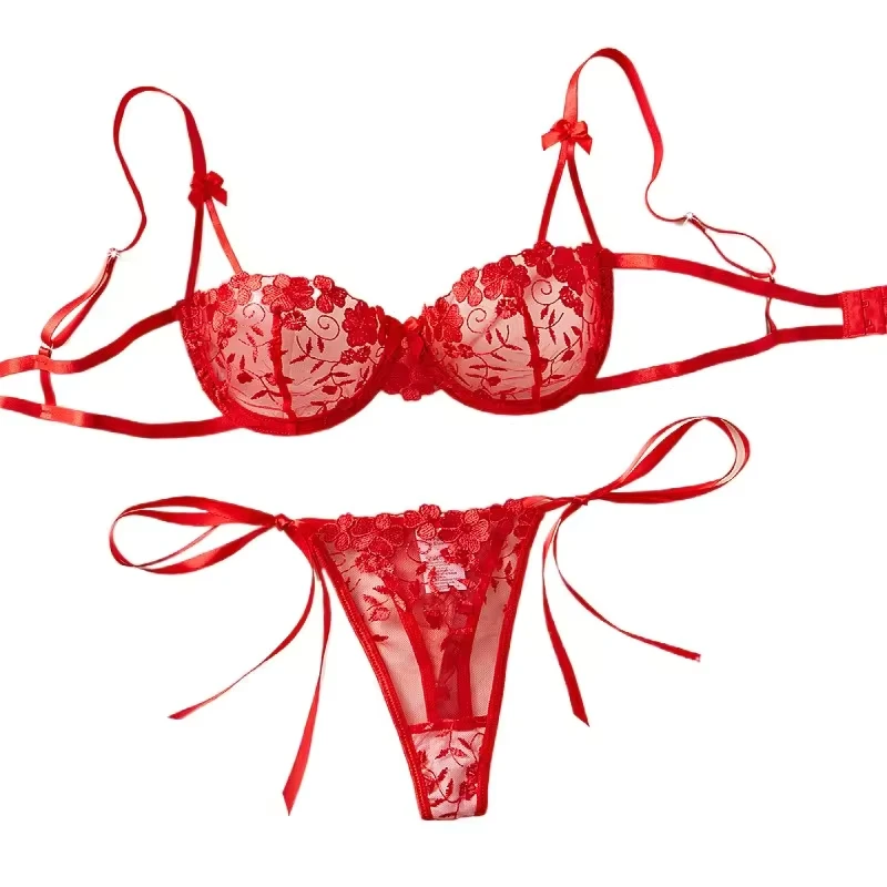 

Floral Embroidery Pure Bra Bowknot Lace Up Thong Womens Erotic Seductive Underwears Apparels Clothings Sexy Sexy Lingerie Set