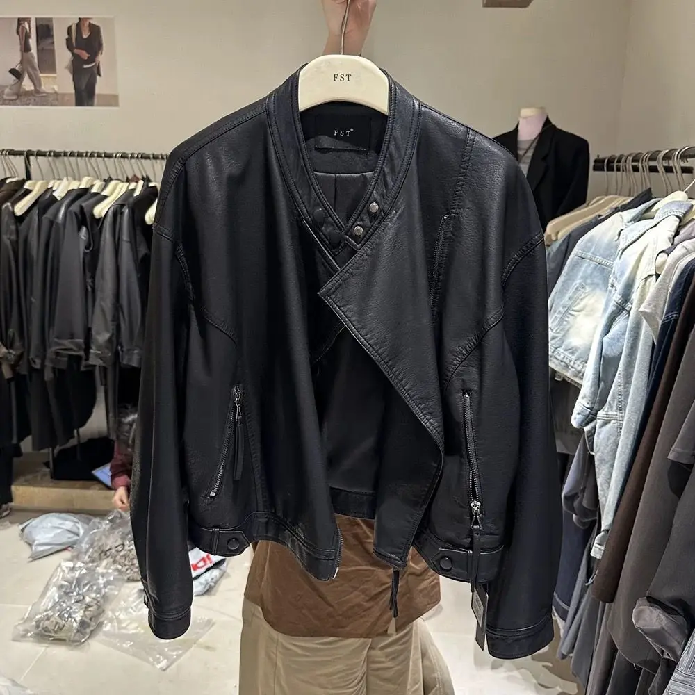 Retro Stand Up Collar Zipper Leather Motorcycle Suit For Women 2025 Spring And Autumn Loose Jacket Fashion Jacket