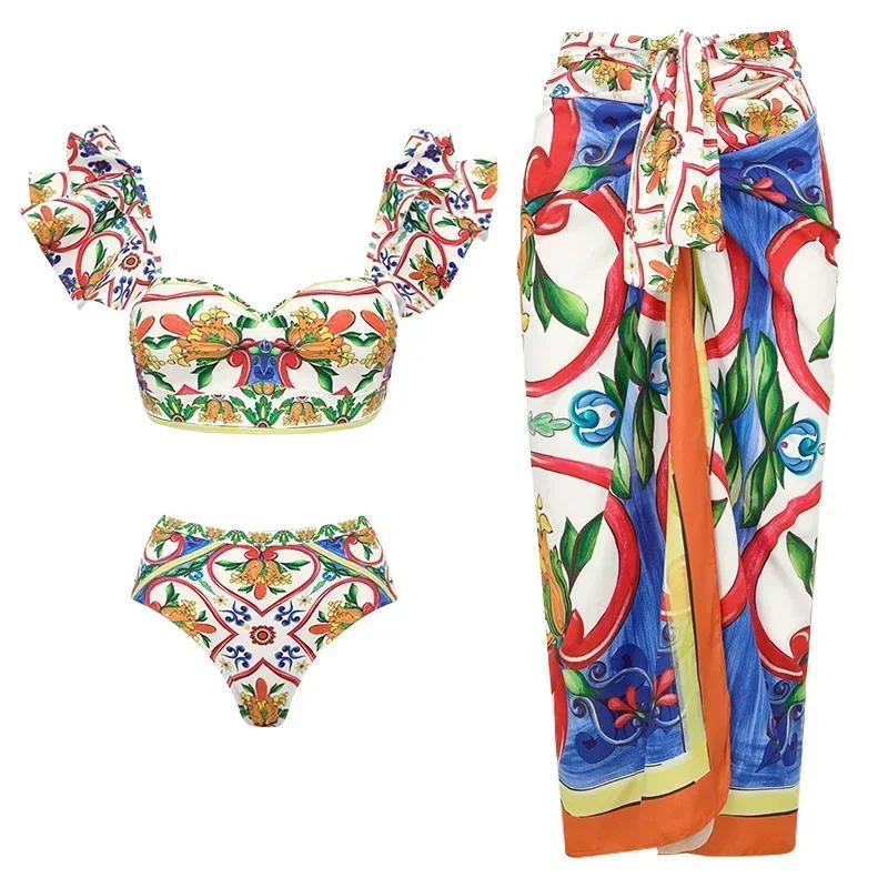 2024 New Swimsuit Set Ruffle One Shoulder Printed One Piece Vacation Swimwear bikini sets Women Beachwear Bathing Suit Monokini