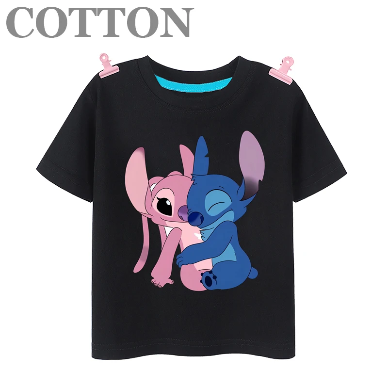 Disney Anime Stitch Children\'s Cotton Summer Fashion Multiple Cartoon Casual T-shirts Round Neck Short Sleeve Print Pattern