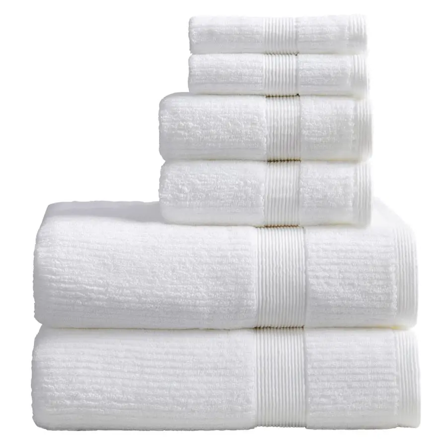 

Набор из 6 белых махровых полотенец с ребристой текстурой, 100% чесаный хлопок, впитывающие, быстросохнущие, для ванной комнаты, стандарт OekoTEX 100.