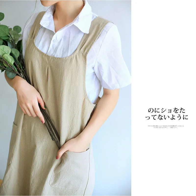 Women Cotton Linen Cross Back Apron Japanese Housework Baking Wrap korean Florist Dress Solid Color Garden Kichen Apron