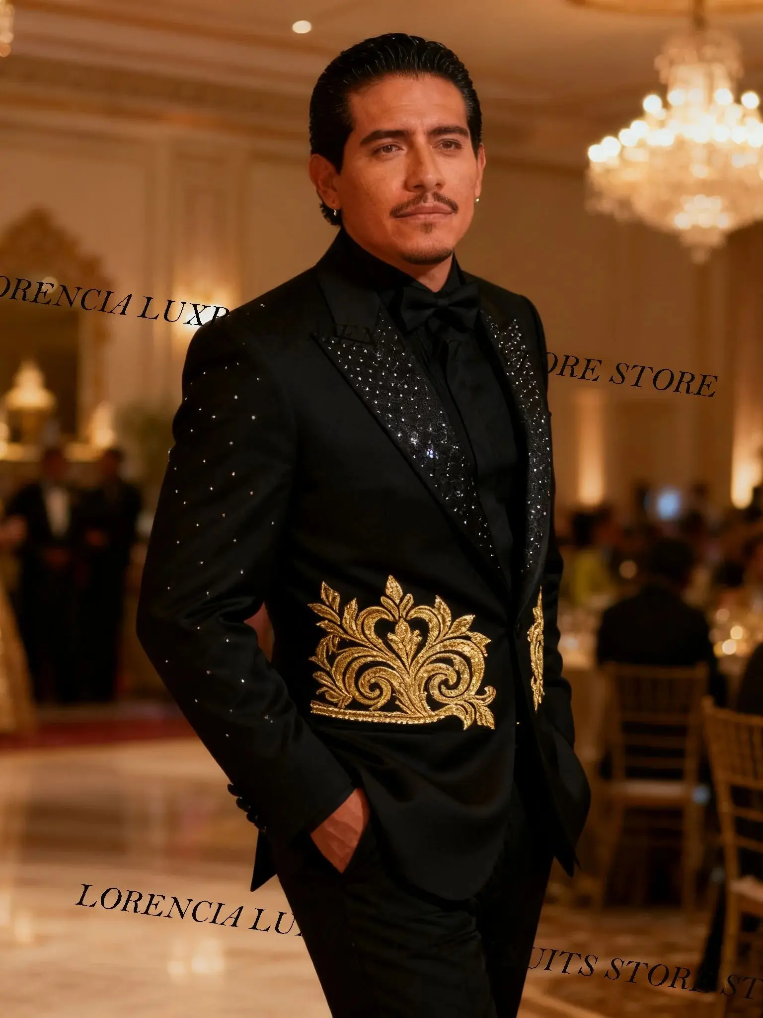 

Mexico Slim Fit Men Suits Formal Peaked Lapel Ropa hombre Groom Male Blazers Rhinestones Beaded 2 Pieces Sets Wedding Tuxedos