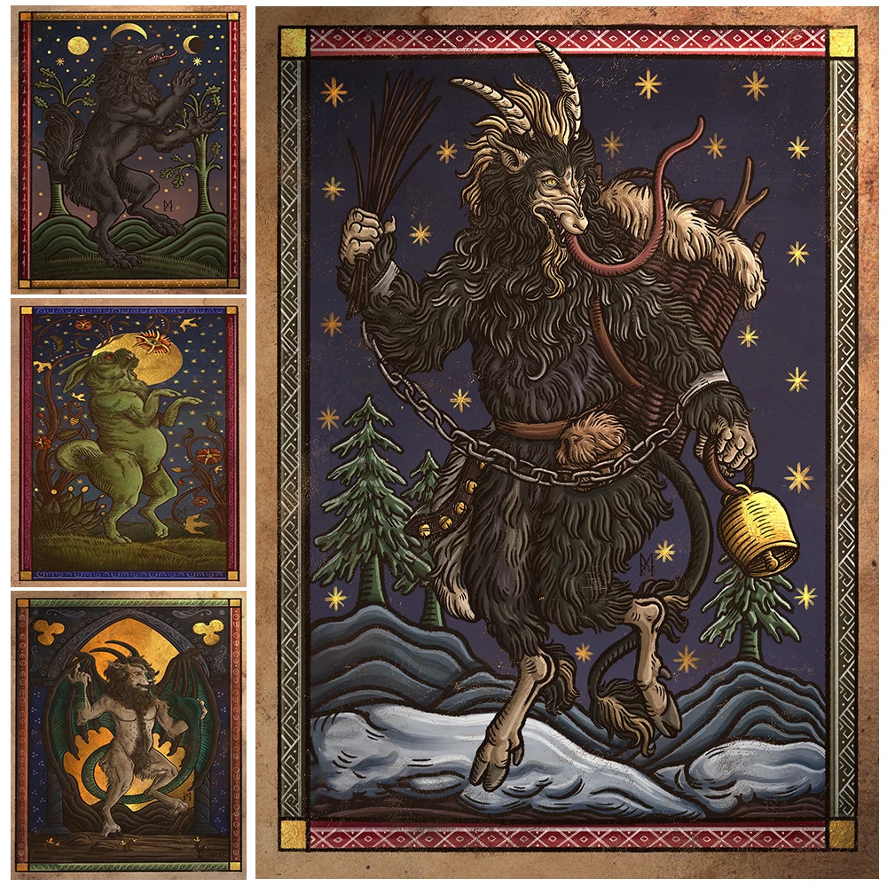 Folk Terror Creature Vintage Wall Art Canvas Painting Krampus And Mischwesen Retro Art Poster And Print Home Decoration Unframed