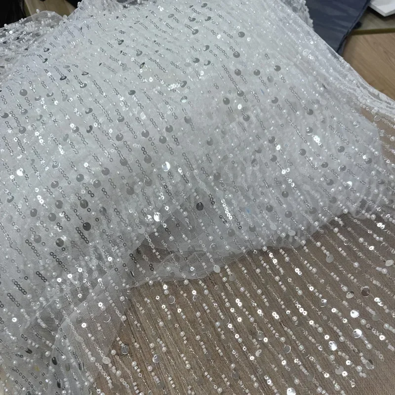Simple Sequins Pearls Vertical Stripes Lace Embroidery Transparent Mesh Fabric Sewing Wedding Dress Evening Gown Fabric