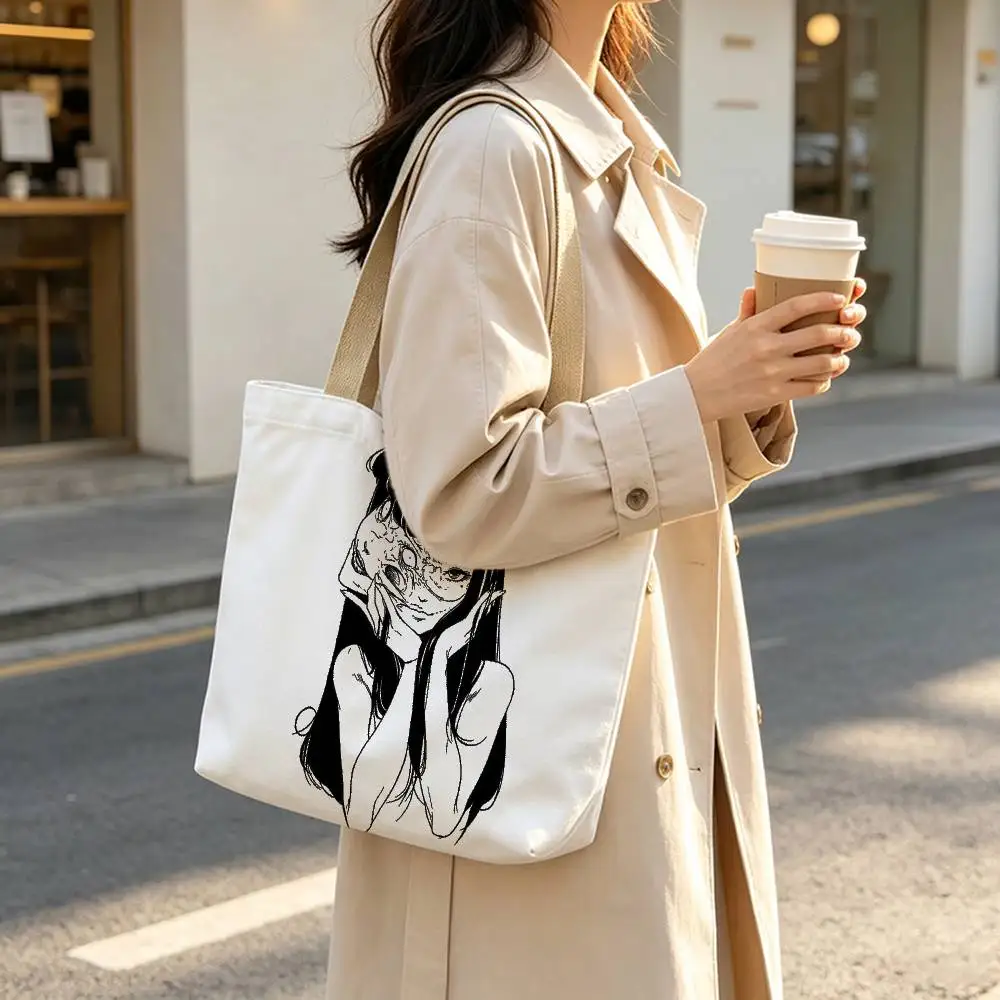 Junji Ito Horror Comics Print Canvas Tote Bag Handbag For Daily School Commute Casual Shoulder Bag