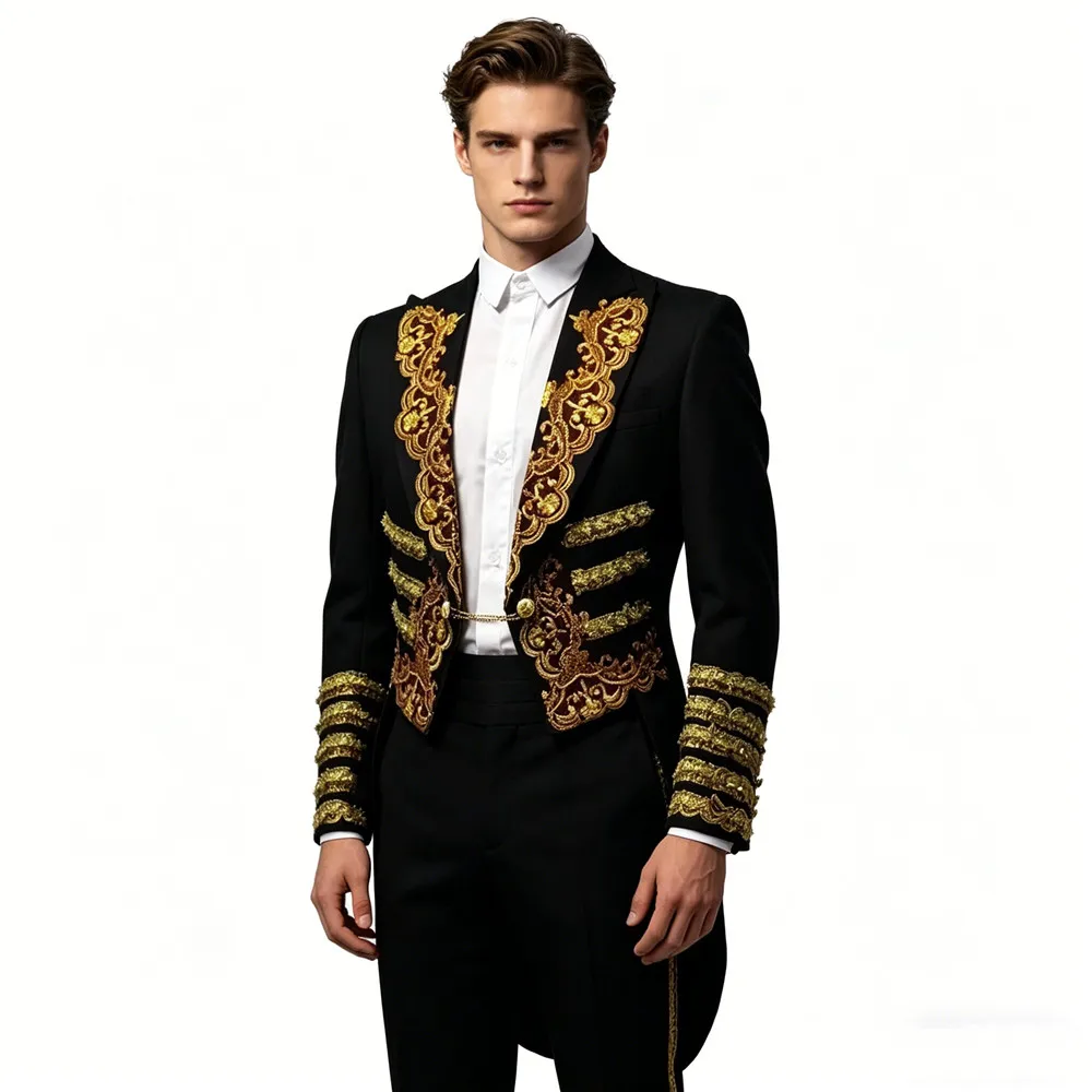 

Men's Court Tailcoat Black Red Embroidery Swallow-tailed Blazer for Prom Evening Party Prince Drama Performance Magician Costume