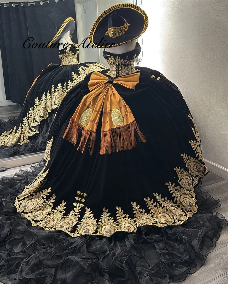 Black Princess 15 Quinceanera Dresses Ball Gown Ruffels Birthday Gowns Gold Embroidery Corset Sweet 16 Dresses Customized