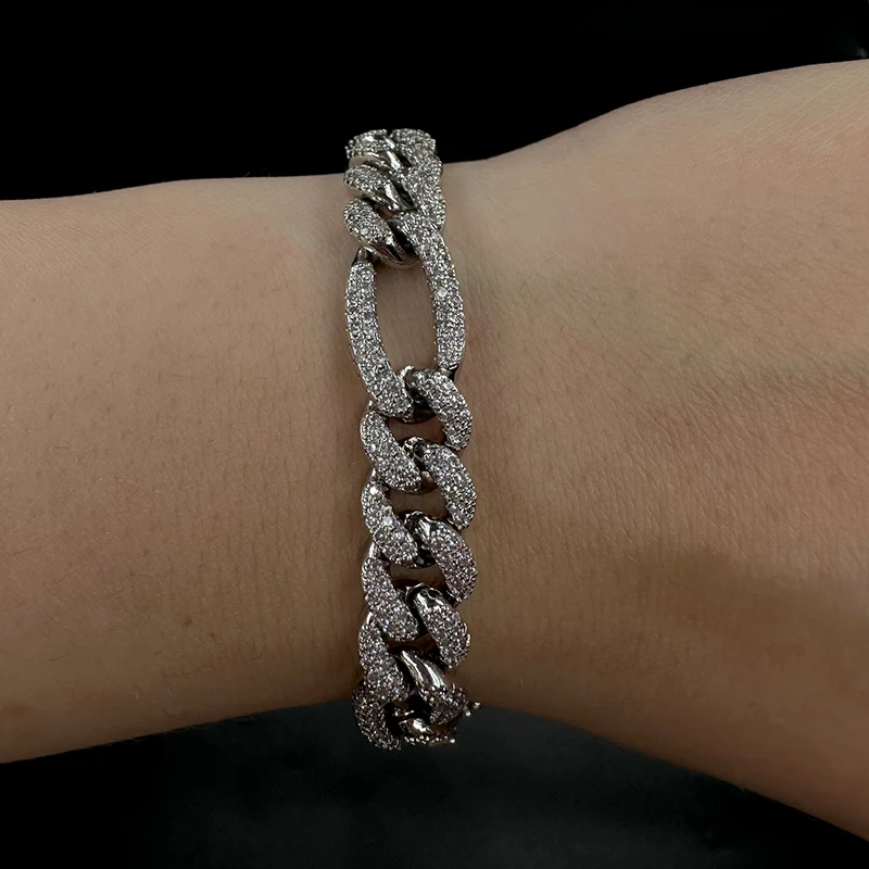 Aokaishen Iced Out Figaro Bracelet Prong Setting Real Gold Plated Hip Hop Jewelry