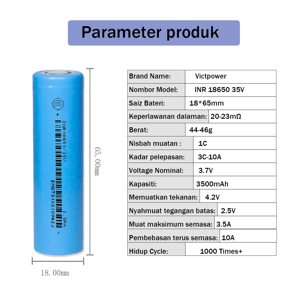 100pcs Victpower high rate cell 1000 times long life Rechargeable lithium-ion Battery INR18650 35v 3500mAh Battery 3.7V 3C 10A