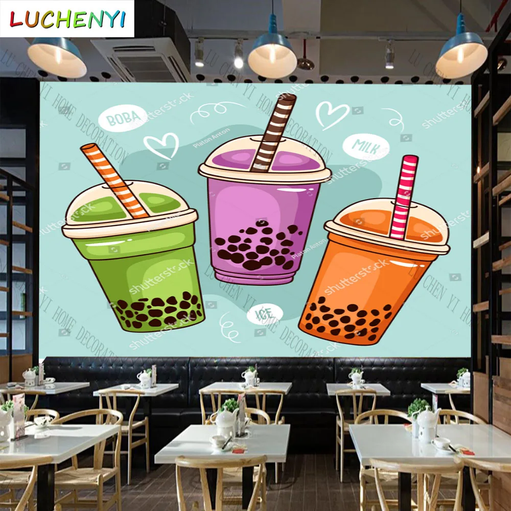 Custom cartoon bubble coffee wallpaper mural restaurant cold drinking shop dining room wall papers home decor sticker