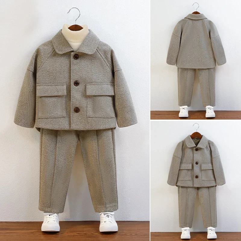 Children Autumn Outfits Gray Casual Blazers Jacket Trousers Two-piece 2 To 12 Years Kids School Uniform Spring Boys Wedding Suit