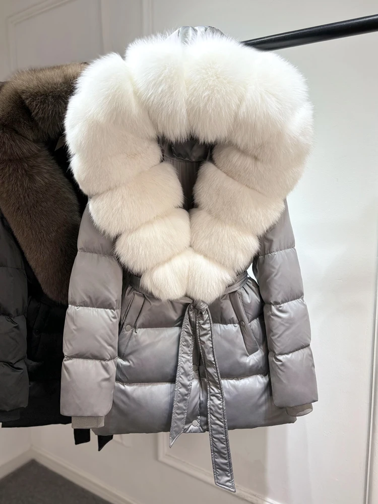 Lagabogy 2025 Top Quality Winter White Goose Down Jacket Women Coat Natural Silver Fox Fur Hooded Thick Female Waterproof Parkas