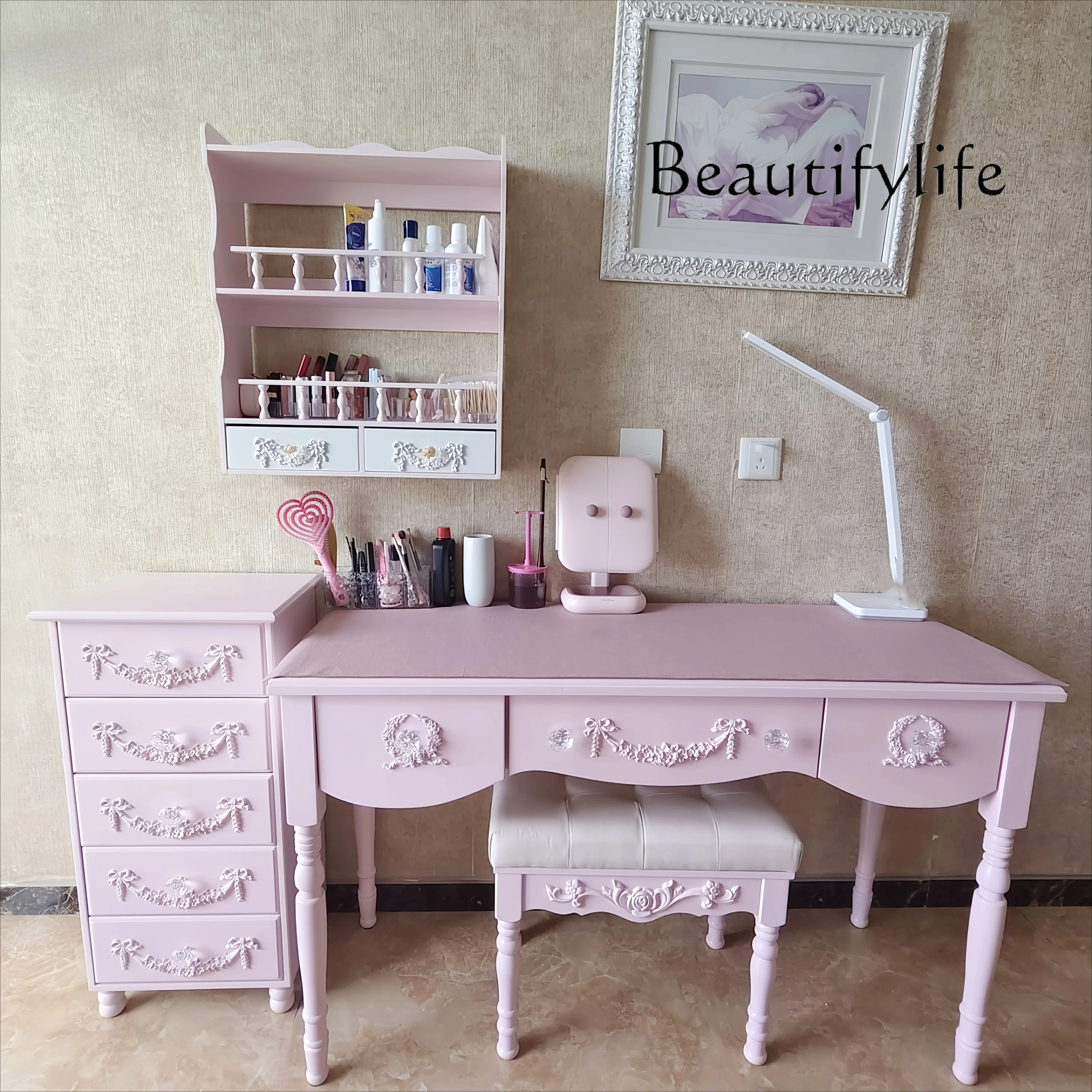 

NNbedroom Small Apartment Dressing Table Desk French Retro Carved Solid Wood Dressing Table Dressing Table