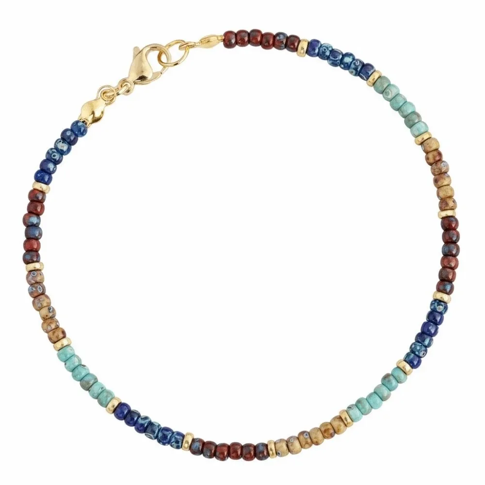 Handcrafted Quality Turquoise Beaded Anklet Hypoallergenic Metal Picasso Coating Boho Foot Jewelry Dainty Aesthetic Adjustable