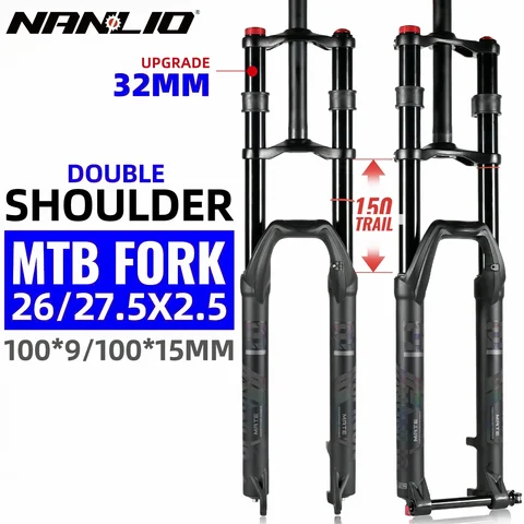 NanLio Bicycle Double Shoulder Air Suspension Fork - 150mm Travel for MTB & E-Bike Bikes 27.5"/29" Double Crown Fork
