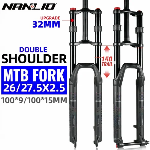 Imagen 1 del producto NanLio Horquilla de suspensión neumática de doble hombro para bicicleta - Viaje de 150 mm para bicicletas MTB y eléctricas Horquilla de doble corona de 27,5 ""/29""