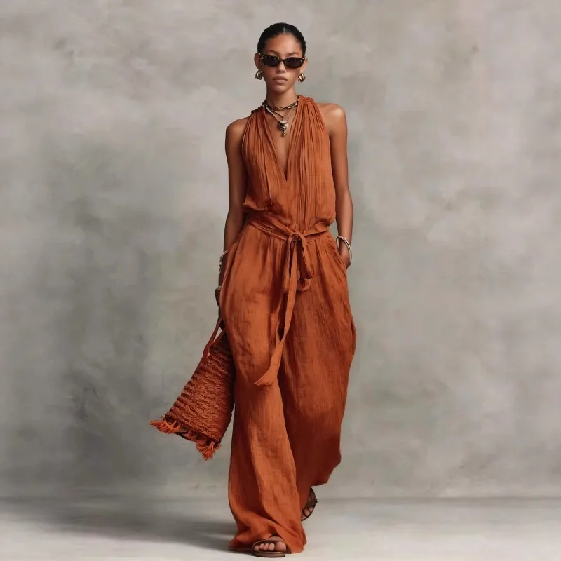 

Summer Vestidos Women's Linen Hanging Neck Backless Lace Up Jumpsuit Holiday Sleeveless Solid Color Casual Loose Jumpsuit 2026