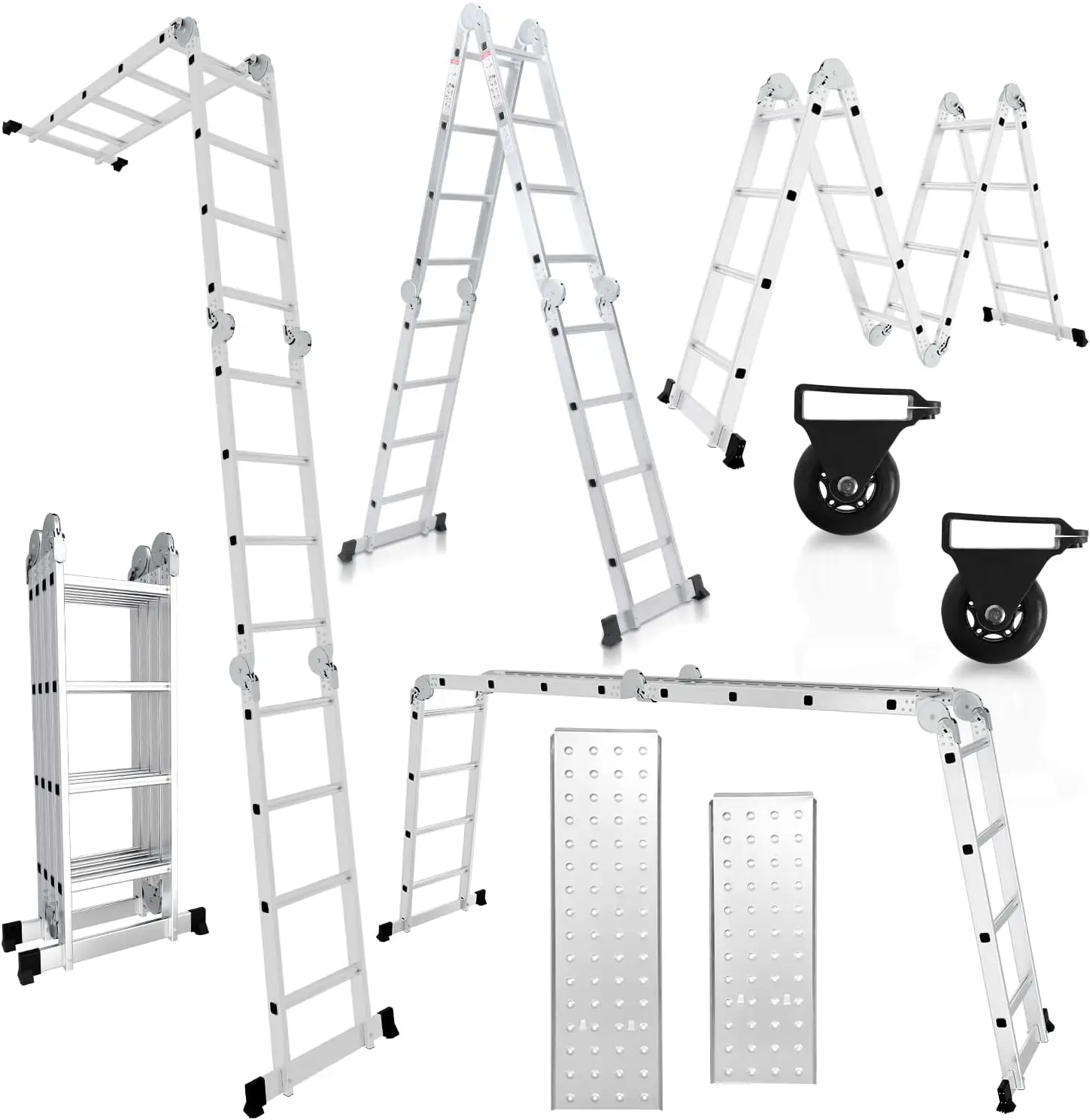 Scala multifunzionale 4x4, 7 in 1, alluminio da 470 cm, con 2 piattaforme e ruote, carico massimo 150 kg, per uso domestico.