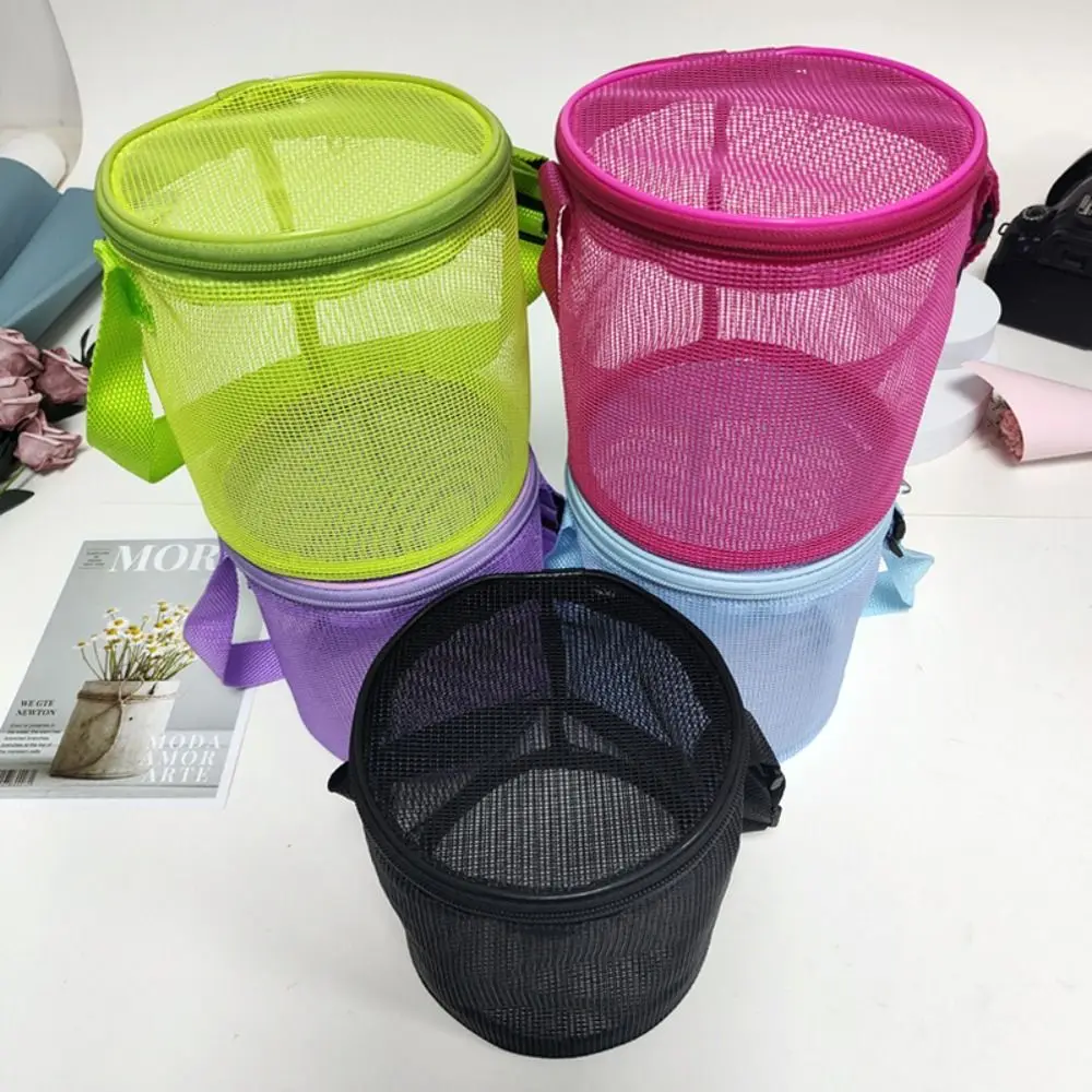 Mesh Beach Bag for Kids Toy Organizer Net Zipper Adjustable Shoulder Strap Storage Pouch Child Shell Collecting Bag Round Bucket