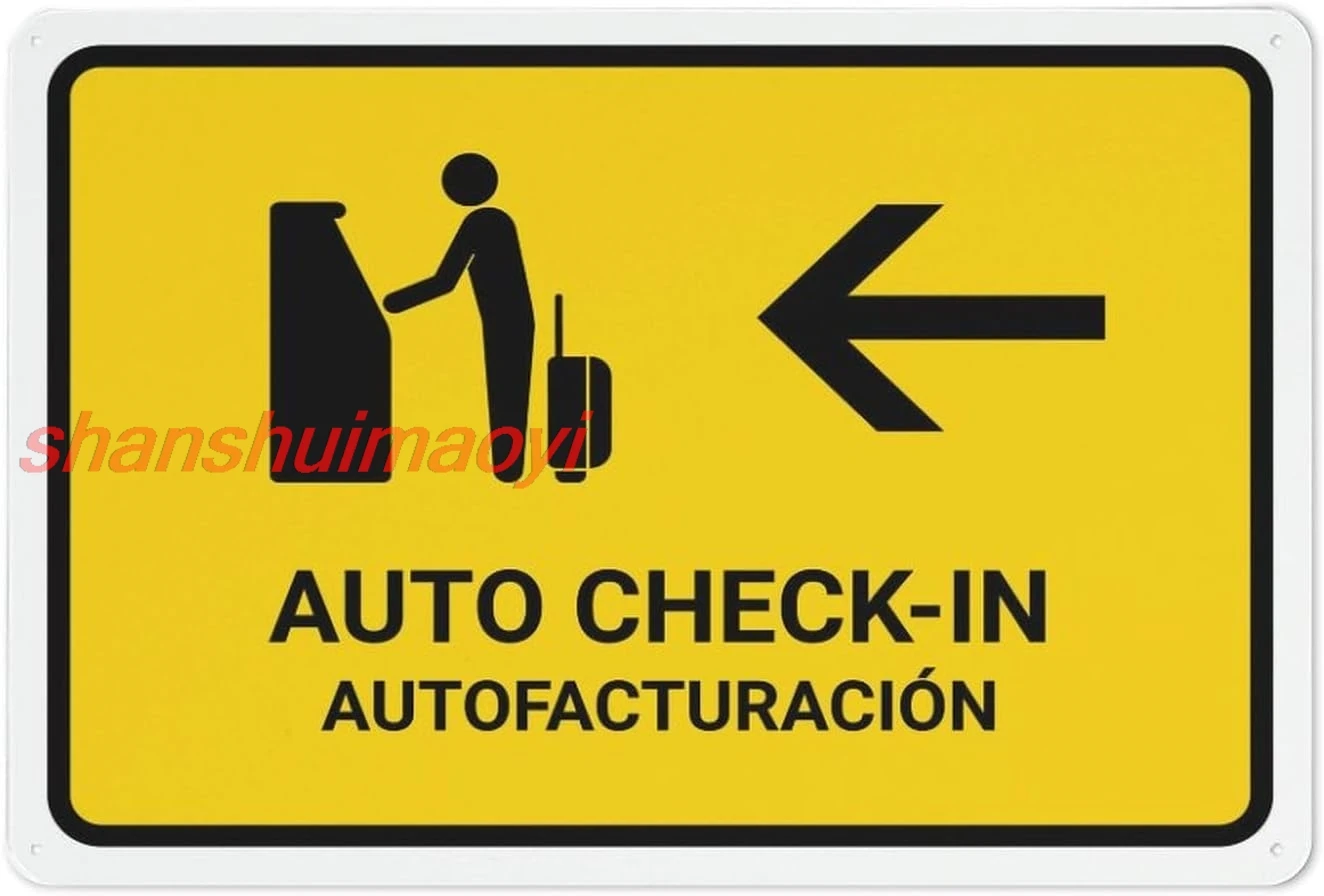 Auto Check In With Left Arrow Yellow Bilingual Spanish Retro Metal Tin Signs 12X8 Inch For Shop Yard Man Cave Garage Outdoo yes