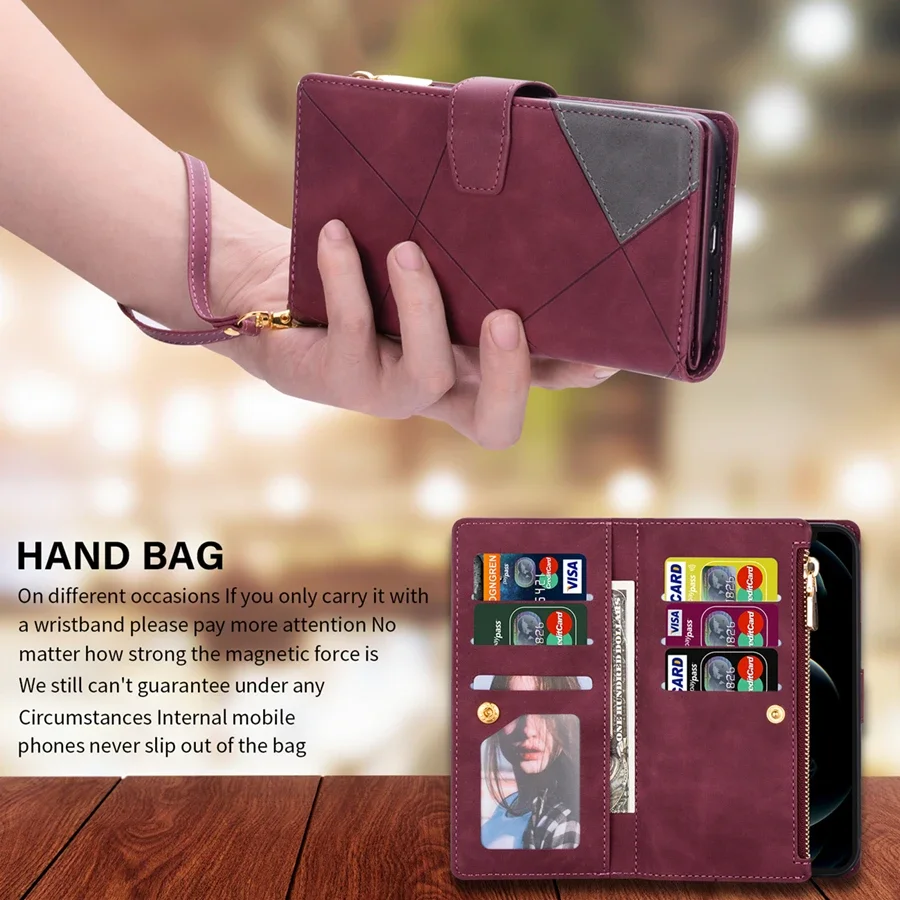 Wallet Line Splicing Card Slot Zipper Flip Leather Case For Samsung Galaxy S25 Ultra S24 FE S23 Plus S22 S21 S20 Note 20 10 Lite