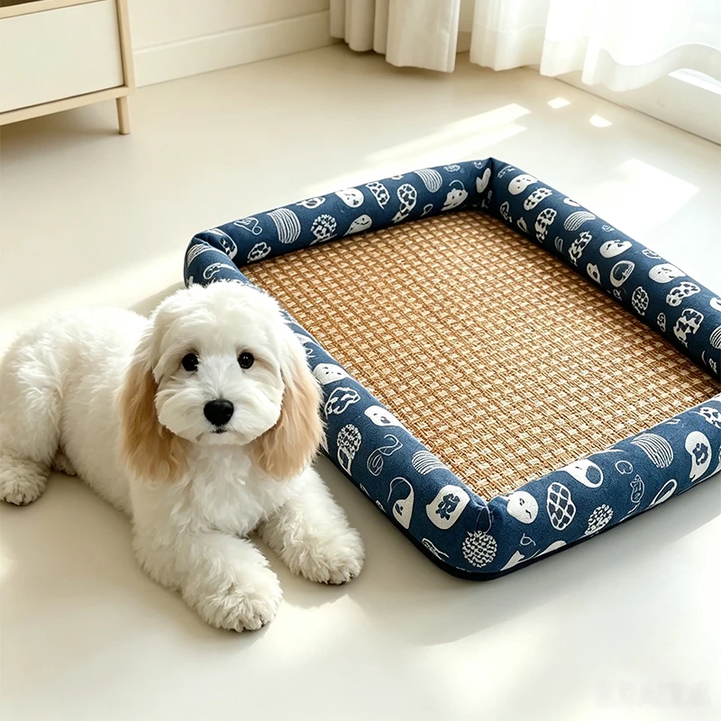 Summer Pet Cooling Rattan Mat Bed Printed Surround Edge Dog Cat Cushion Breathable Washable Sleeping Pad for Small Medium Pets