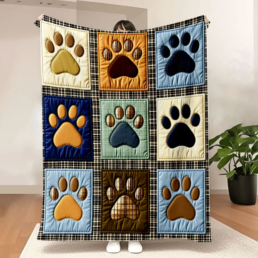 Paw Print Grid Checkered Background Blanket - Tan/Orange/Dark Blue Paw Prints on Cream/Orange/Light Blue/Light Green Backgrounds