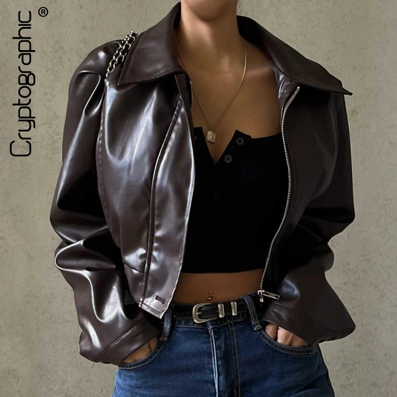 

Криптографические винтажные модные пальто и куртки из искусственной кожи, уличная одежда, осенне-зимние топы с длинными рукавами в стиле панк, женские короткие куртки, пальто