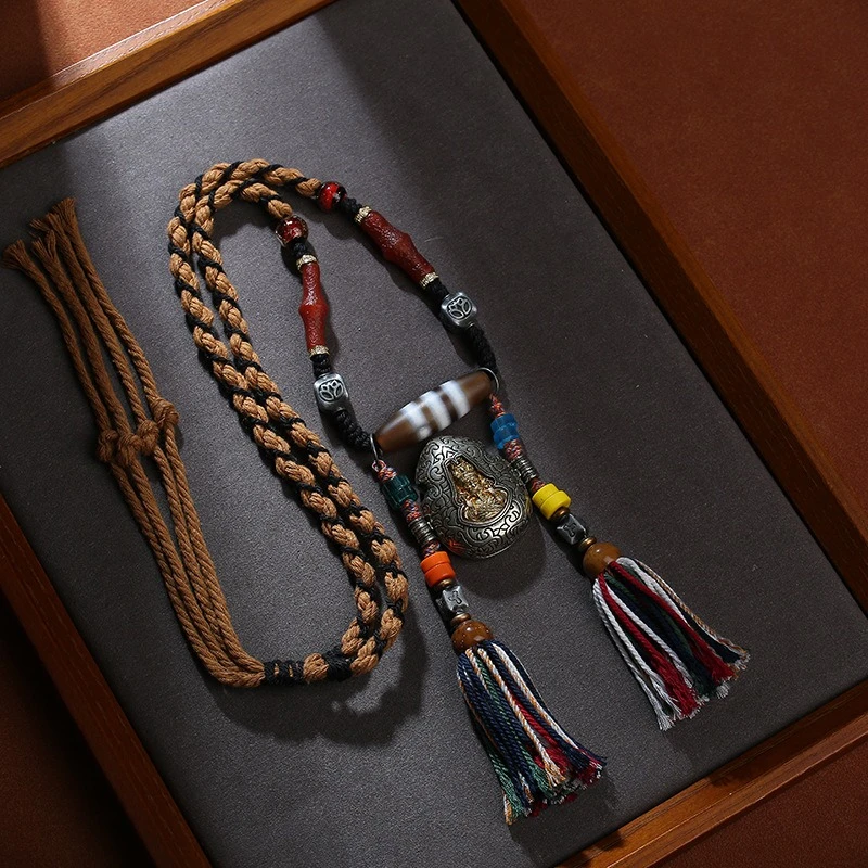 

Tibetan Zhajiramga Uyghur Box Ornament with Three Thread Bead Pendant Handmade Tibetan Style Ethnic Style