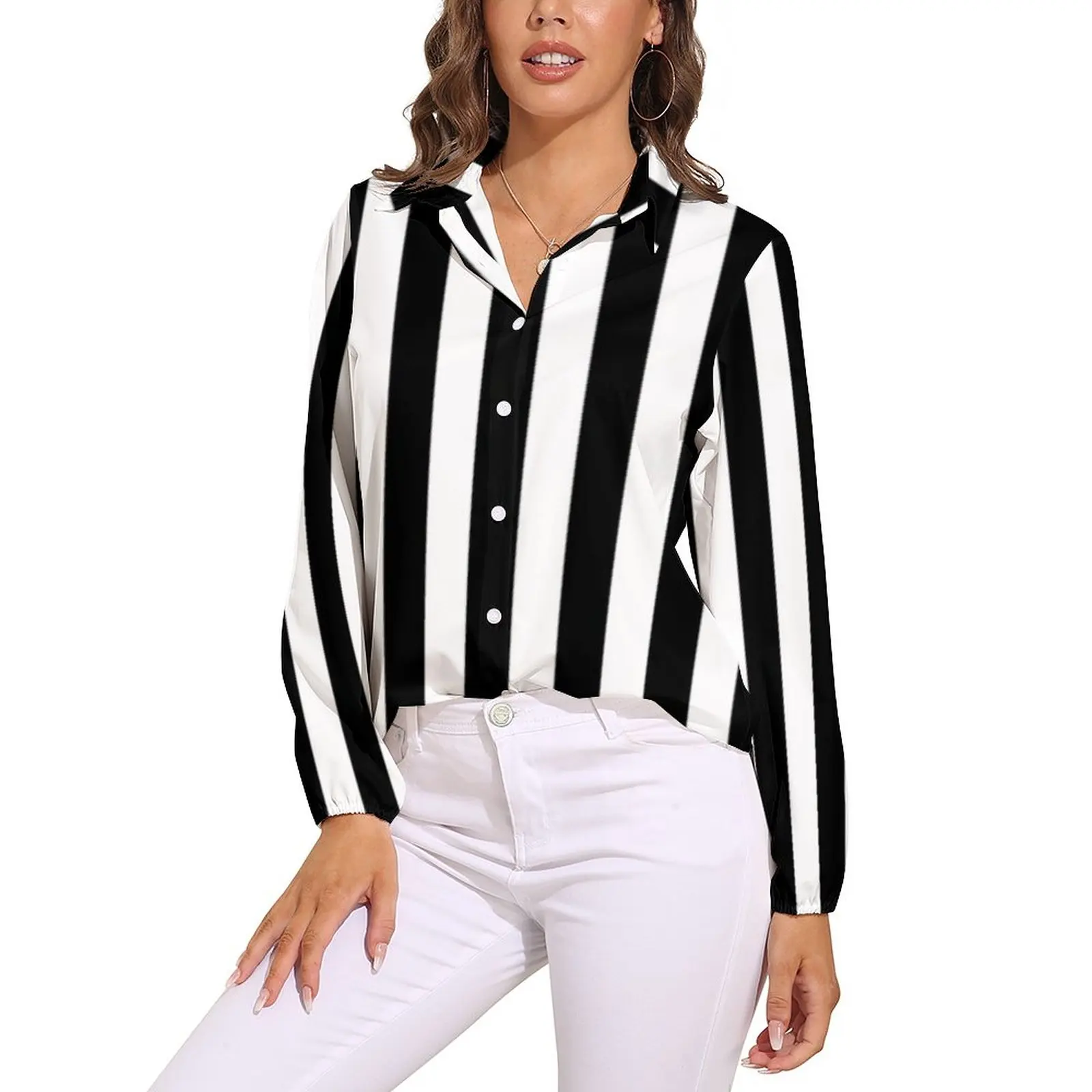 Vintage Striped Print Blouse Long Sleeve Black White Vertical Stripes Trendy Blouses Women Casual Oversized Shirts Top Present