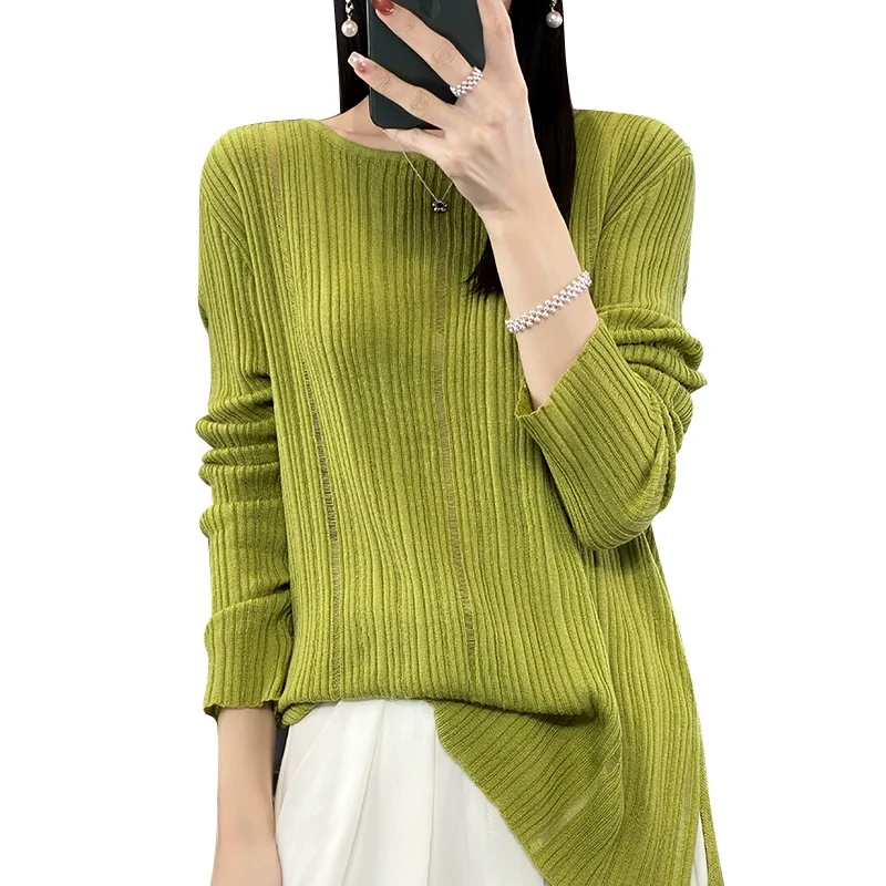 فضفاضة تناسب طويلة Sve جولة Ne محبوك قاعدة طبقة أعلى المرأة رقيقة لون نقي Faionable الحماية من الشمس التستر irt