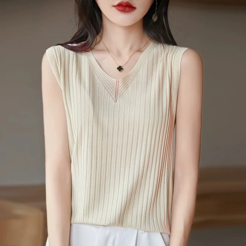 رقيقة الحرير الجليد حزام سترة المرأة الصيف ملابس خارجية محبوك التخسيس V-Ne Svel أعلى عادية Sle لون نقي Faionable #3