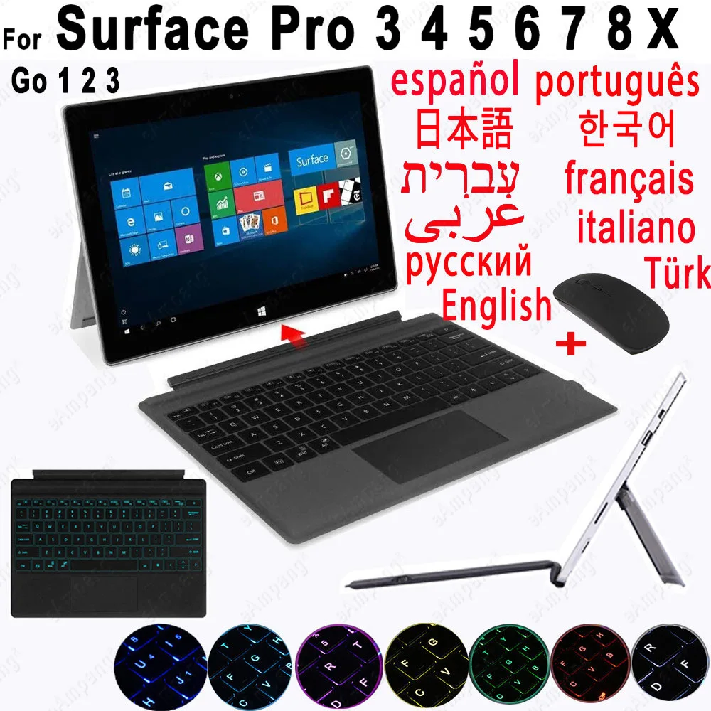 Top! For Microsoft Surface Pro 3 4 5 6 7 8 X Go 1 2 3 Keyboard Russian Spanish Arabic Hebrew Korean German French AZERTY