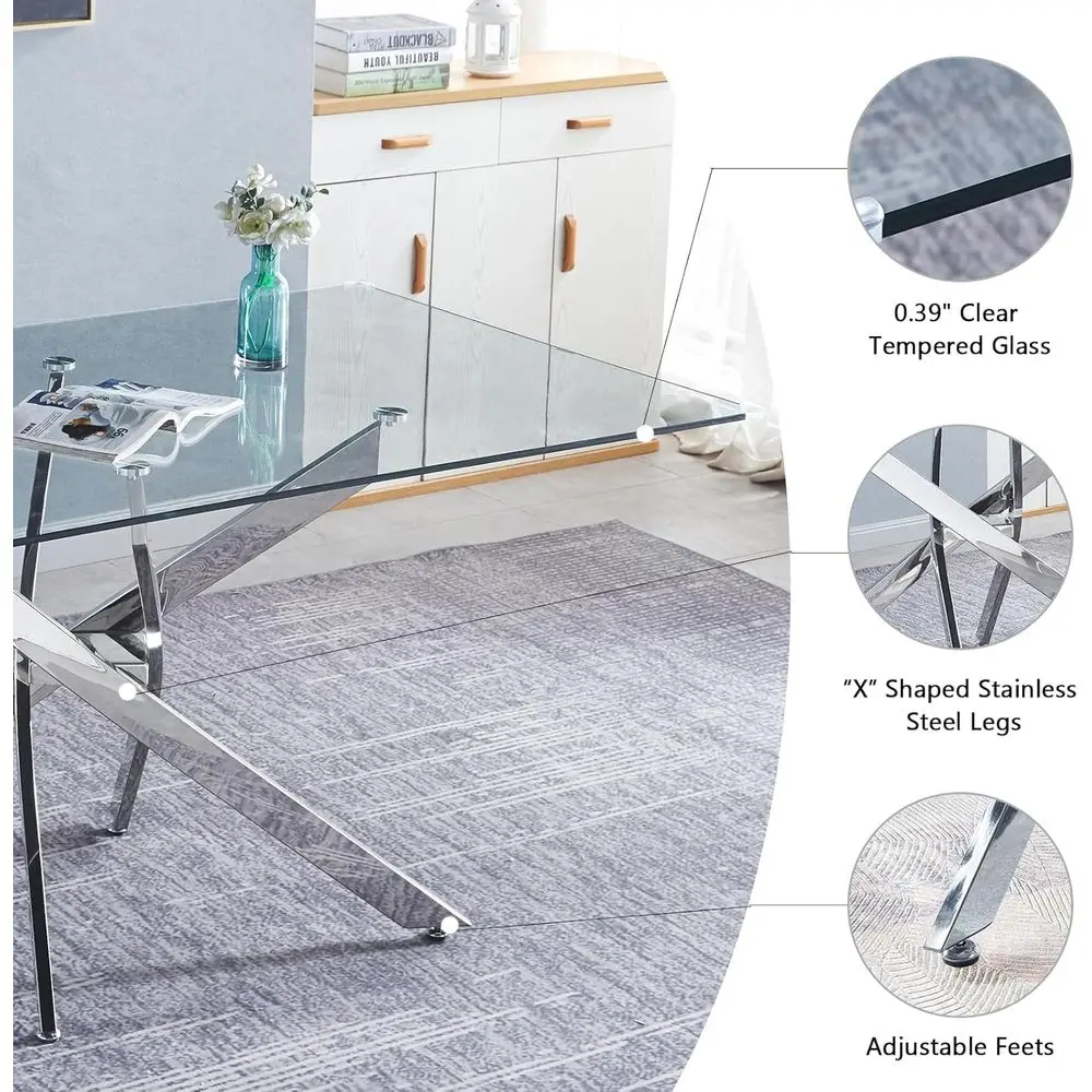 Modern 5-Piece Dining Set with Rectangular Glass Table and 4 Light Grey PU Leather Chairs