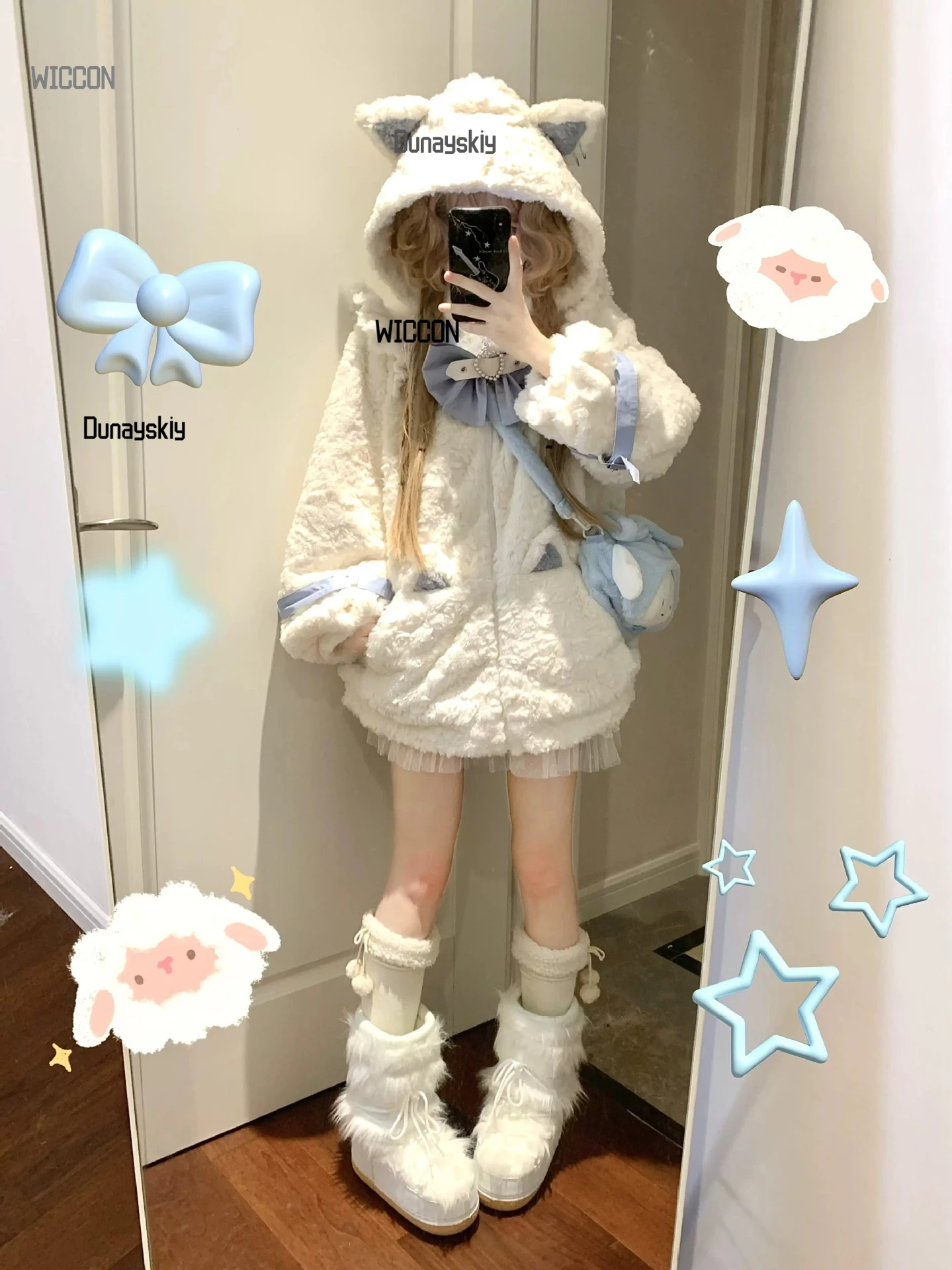 Jirai Kei Cat Furry Fursuit Kawaii Cosplay Costumes Plush Coat White Cat Ear White Blue Warm Halloween Christmas Cosplay view 3