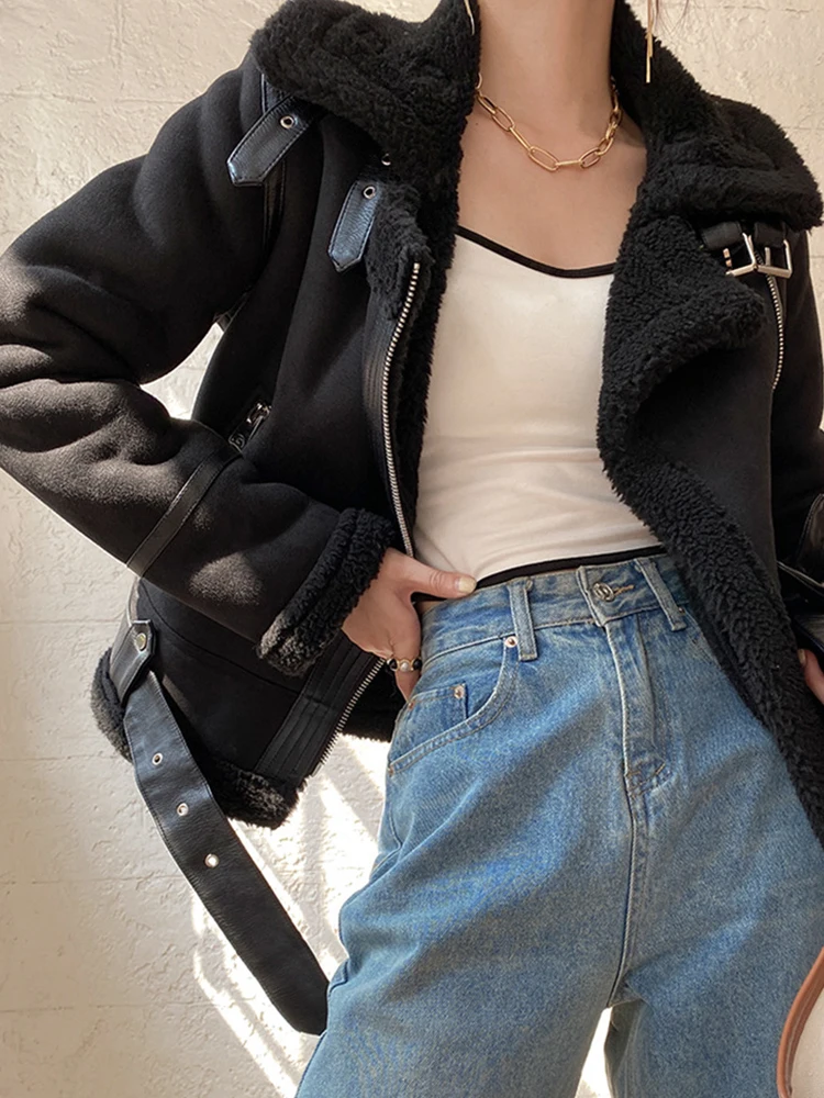 Ailegogo-Jaqueta curta de couro grosso quente falso camurça feminina, casaco retro fino, outwear de pele, streetwear de motociclista feminino, cinto