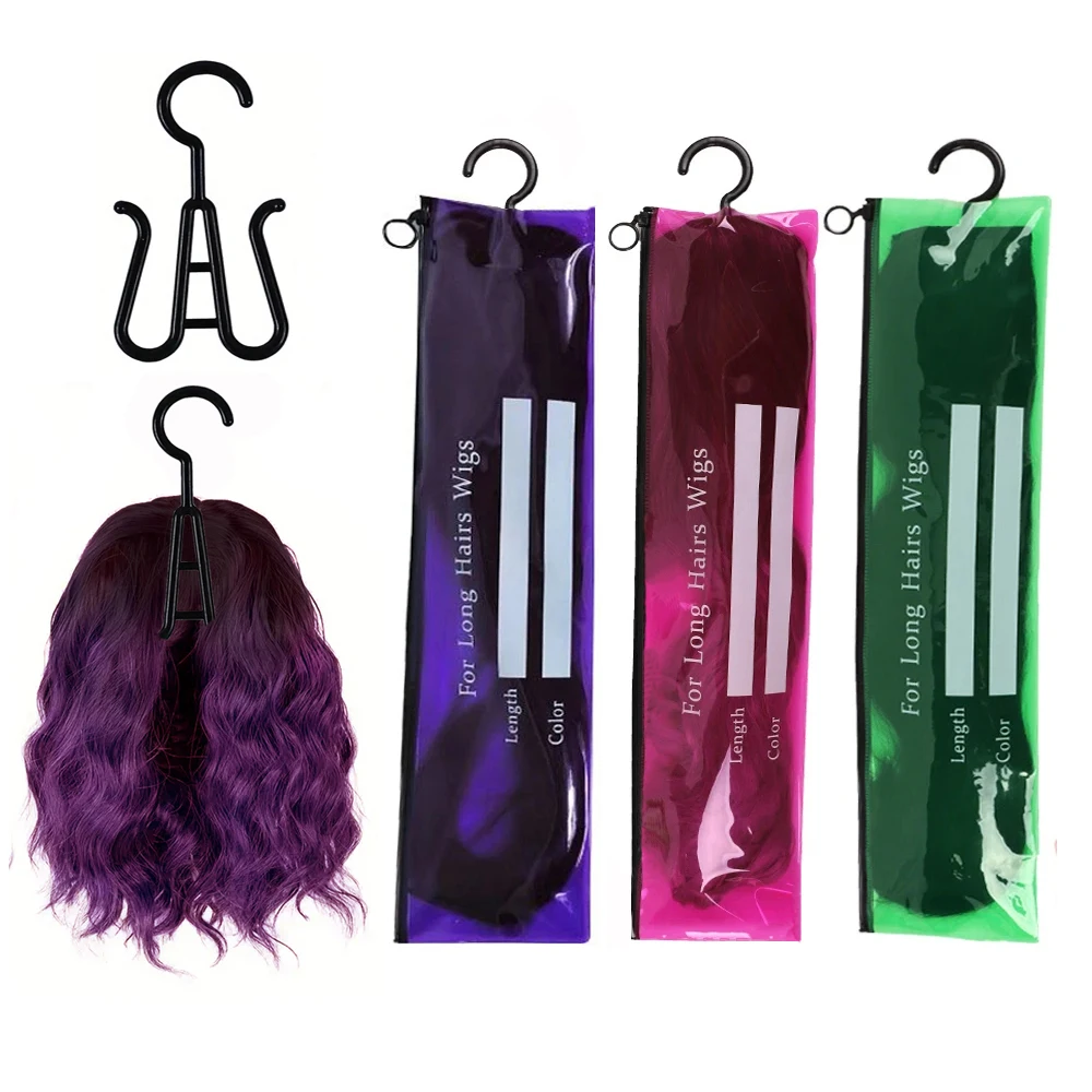 Bolsa de almacenamiento de extensión de cabello con cremallera barata, bolsa de almacenamiento de Peluca de Pvc con colgador para múltiples pelucas, bolsa púrpura de 60Cm de longitud con gancho, 1 Juego