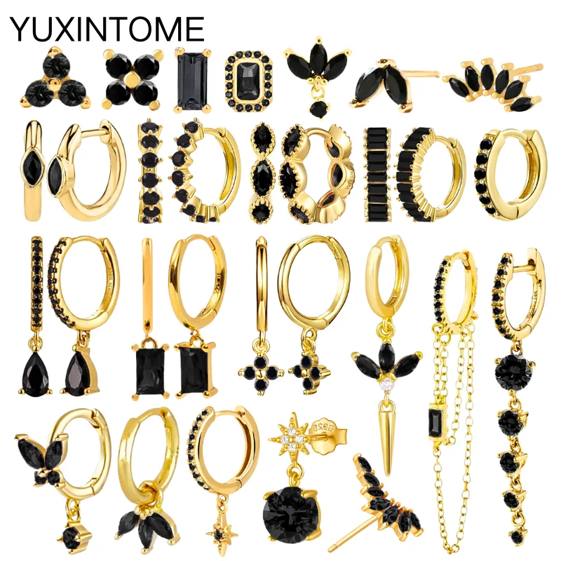 925 Sterling Silver Needle Black Zircon Hoop Earrings for Women Fashion Gold Silver Piercing Dangle Earrings 2023 Trend Jewelry