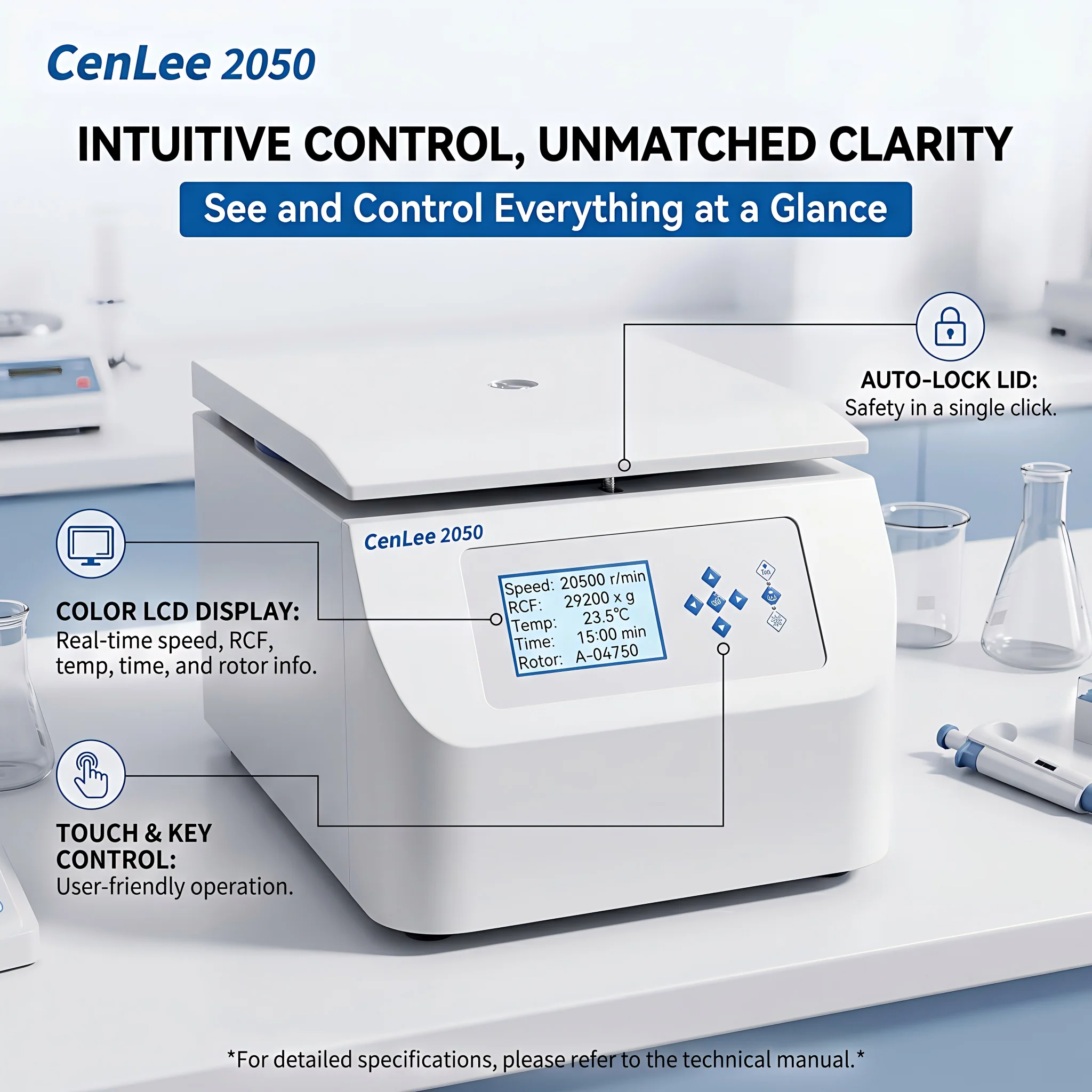 

CenLee2050 High Speed Laboratory Centrifuge 20500rpm 29200xg Large Capacity 4x750ml Benchtop Centrifuge for Medical Research