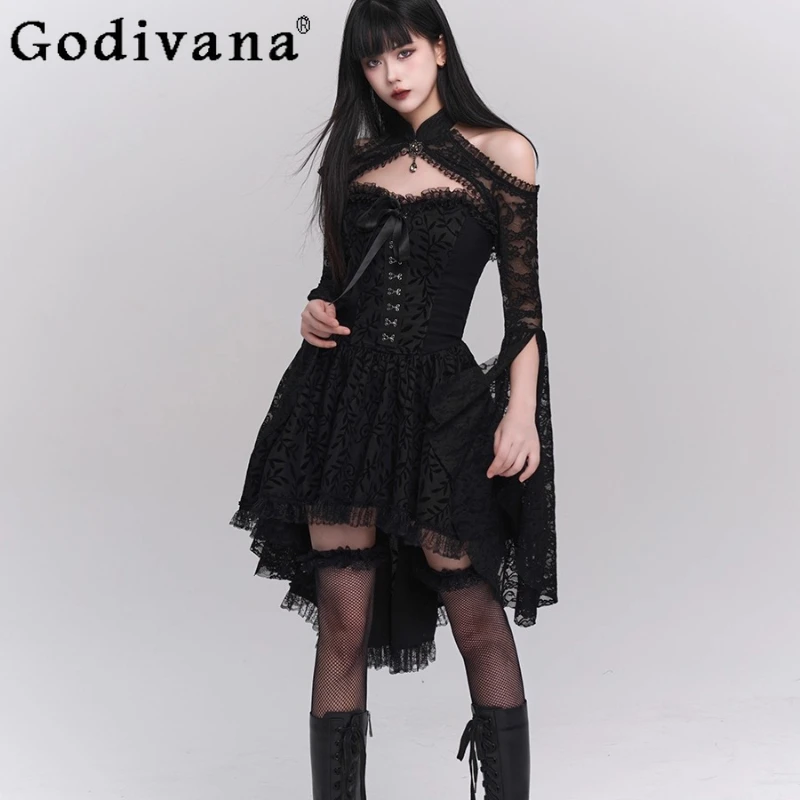 

Women Vintage Tube Top Dress Black Suit Gothic Style Clothing Halloween Outfit Female Christmas Party Cosplay Costumes Sets