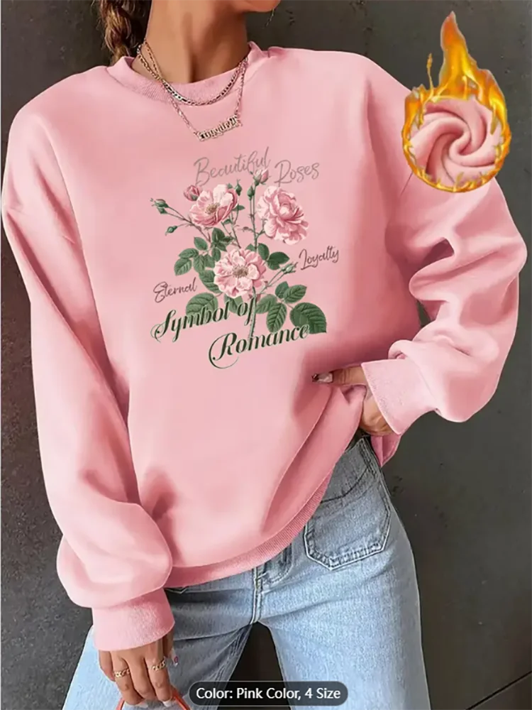 

Womens Apricot Sweatshirt Rose Romance Lettering Graphic Fleece Lined Casual Oversized Pullover Top for Romantic Style Lovers