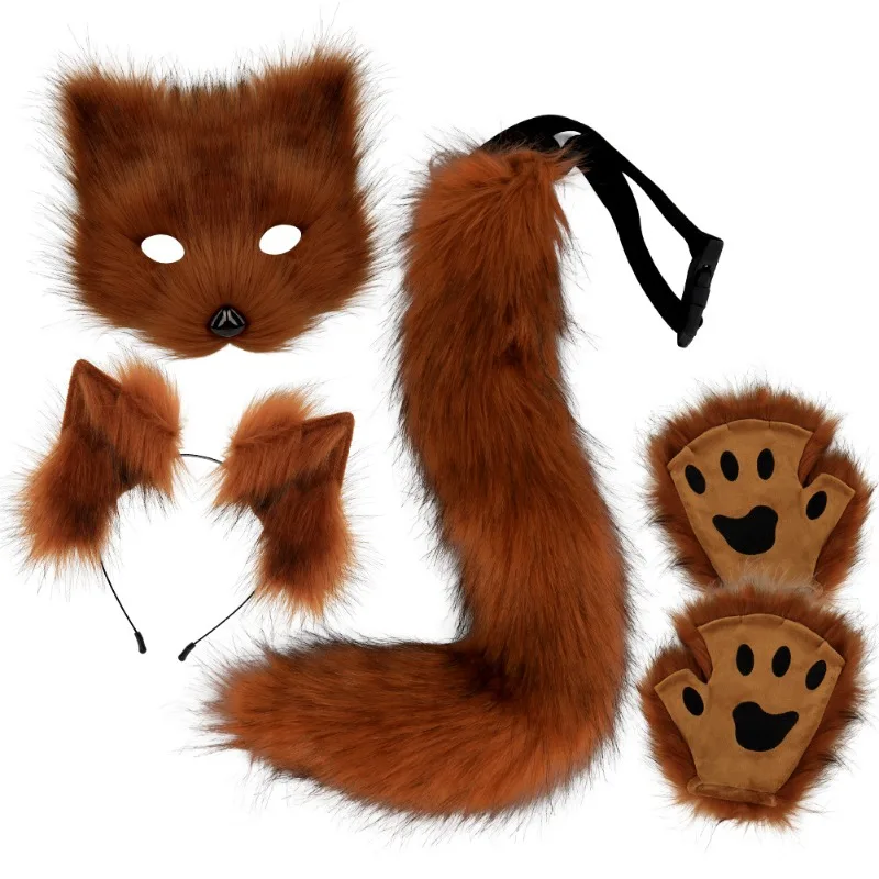 4-piece Fur Fox Costume Accessory Set - Including Mask Gloves Headband Tail with Realistic Fur and Claws Perfect for Hallow