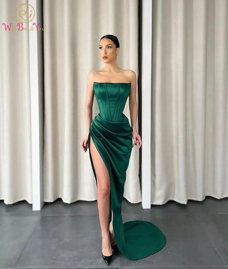 

Dark Green Evening Dress 2022 Elastic Satin Strapless Boat Neckline A Line Side High Slit Sexy Prom Gown Ruched Party Graduation