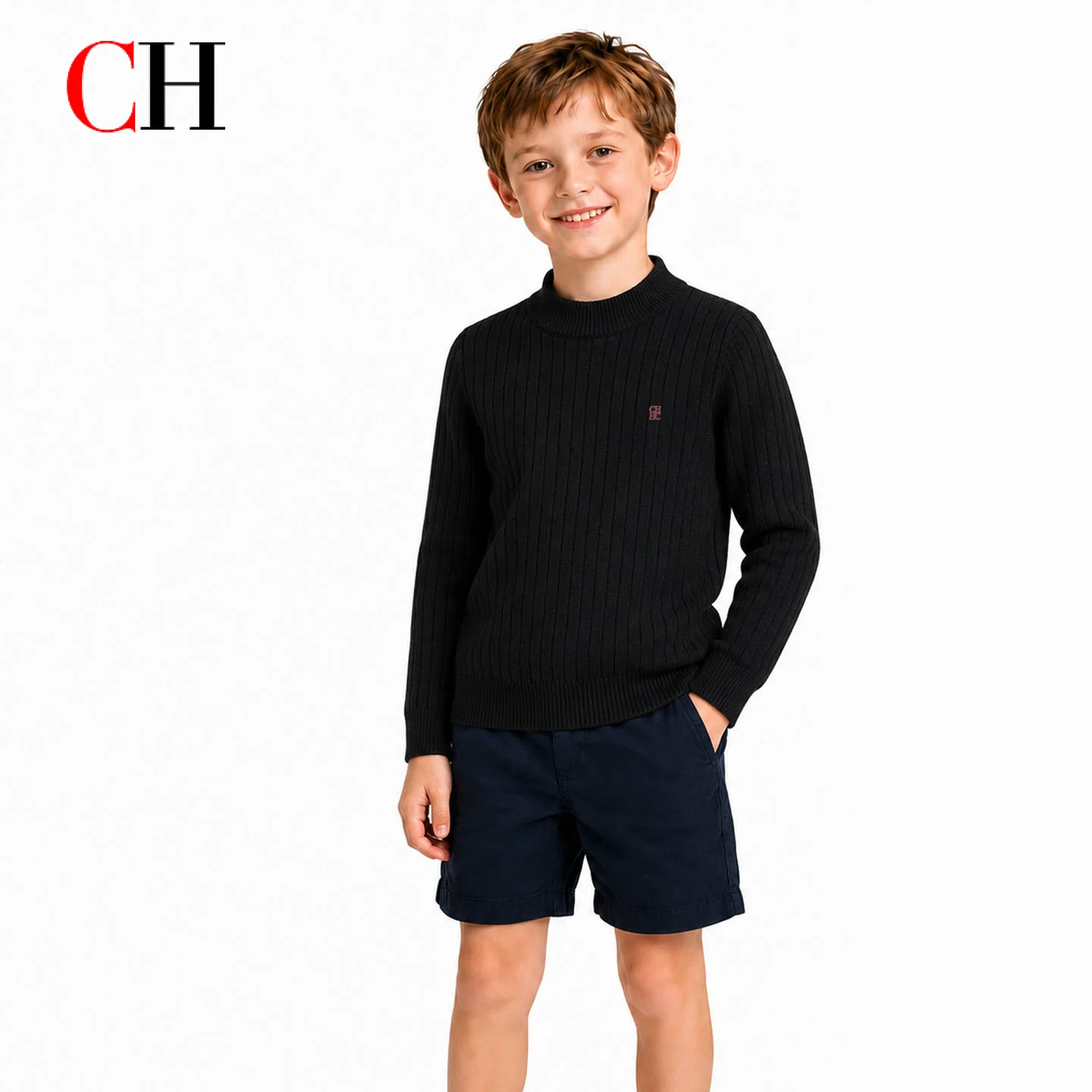 CH Children Mock Neck Knit Sweater Vertical Ribbed Trims Chest Embroidery Classic Style Kids Long Sleeve Tops