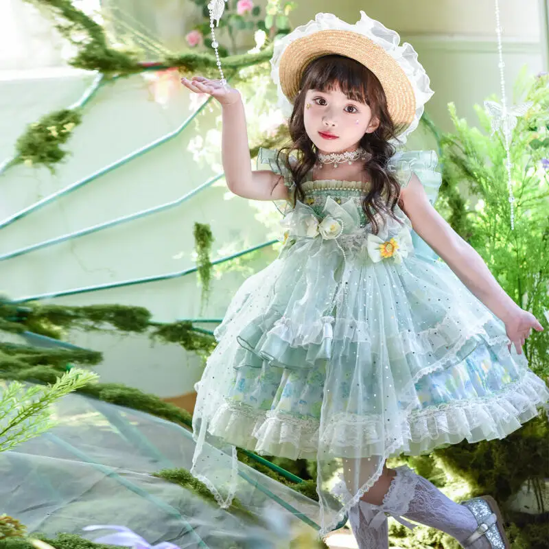 Girl Lolita Dress Kawaii Summer Girl Mesh Flower Fairy Cake Dress Tutu Skirt Birthday Dress Princess Dress Children New T-Shirt
