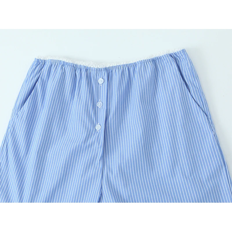 YENKYE صيف 2025 الأزرق مخطط بنطال ذو قصة أرجل واسعة المرأة مرونة عالية الخصر الدانتيل تقليم فضفاض بناطيل كاجوال